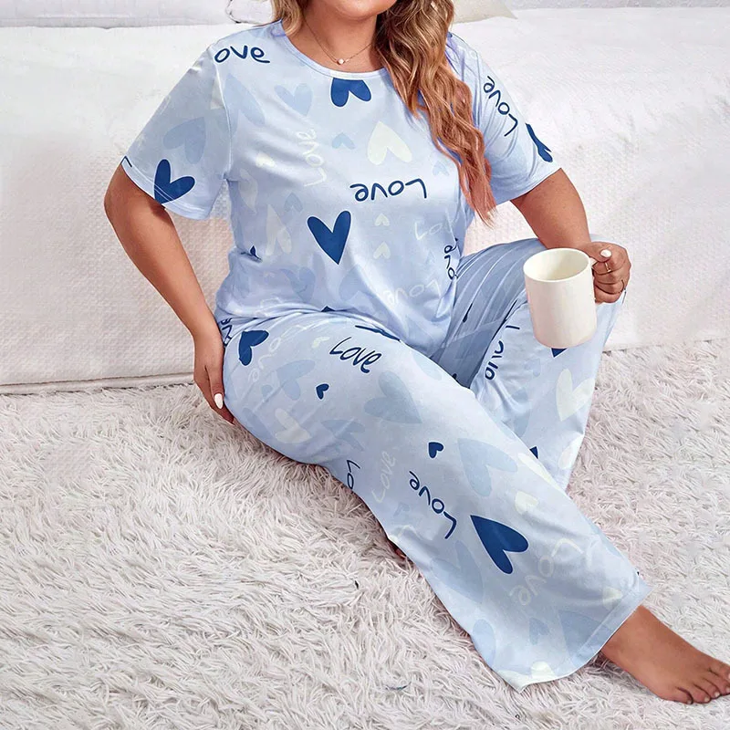 

Women's Casual Heart Print Pajama Set Short Sleeve Tops And Soft Elastic Pants Comfortable Relaxed Fit Loungewear Sleepwear