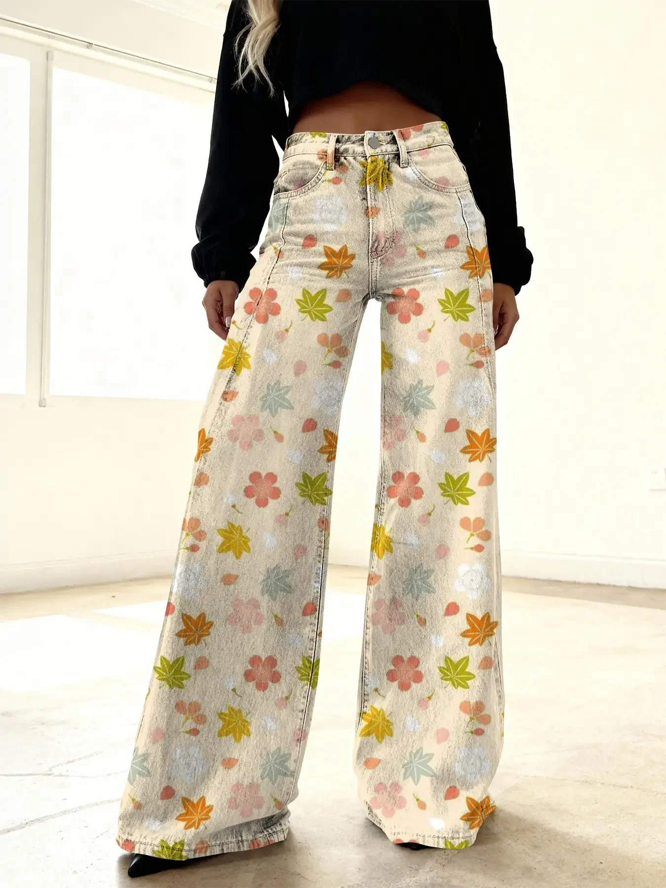 Women's new printed jeans with denim like fabric, casual and fashionable, Red background and leopard print combination