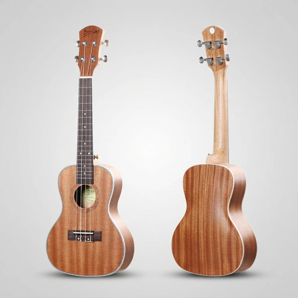 Warm Brown Soprano Ukulele, Gloss Wood Body, 4 Strings, Silver Closed Tuners, White Binding, Decorative Rosette for Beginners