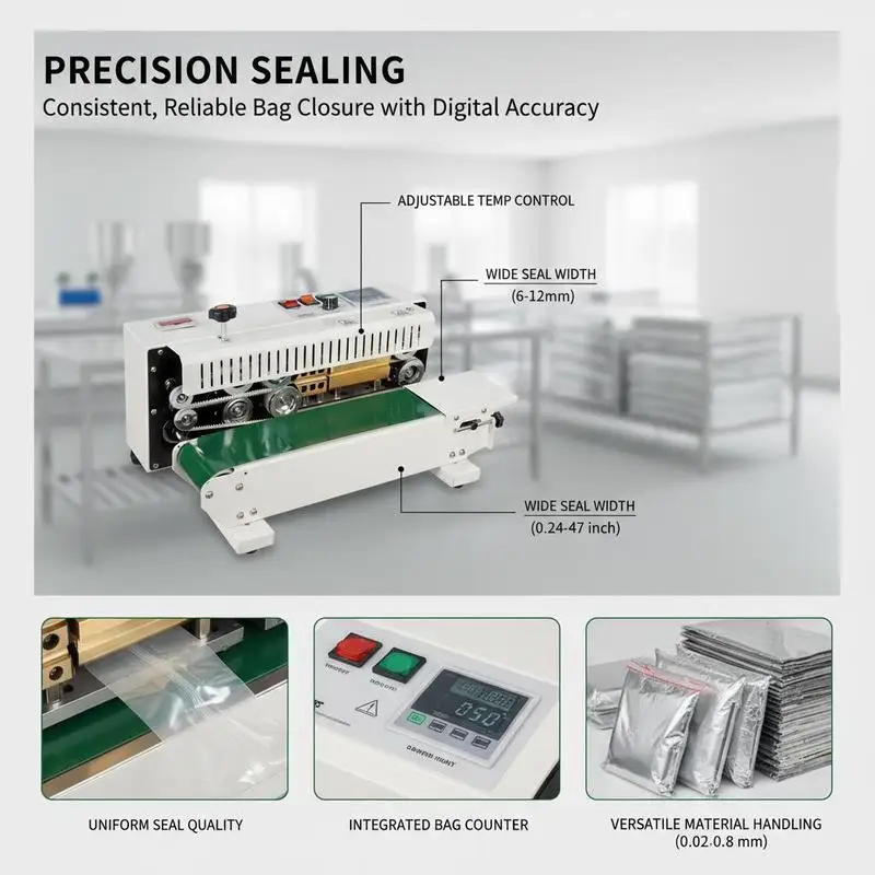 Horizontal Automatic Pouch Sealer 6-12 mm Food Production Hardware Packing Chemical Industry Digital Control Counter 0.02-0.8 mm Thickness Plastic Film Bags Packing Machine view 8