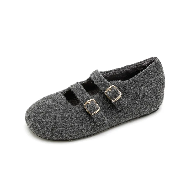 Mom Women's Round Toe Double Buckle Knit Mary Janes Fur Lined Low Heel Shoes Leather Decorated Slip-On Loafers