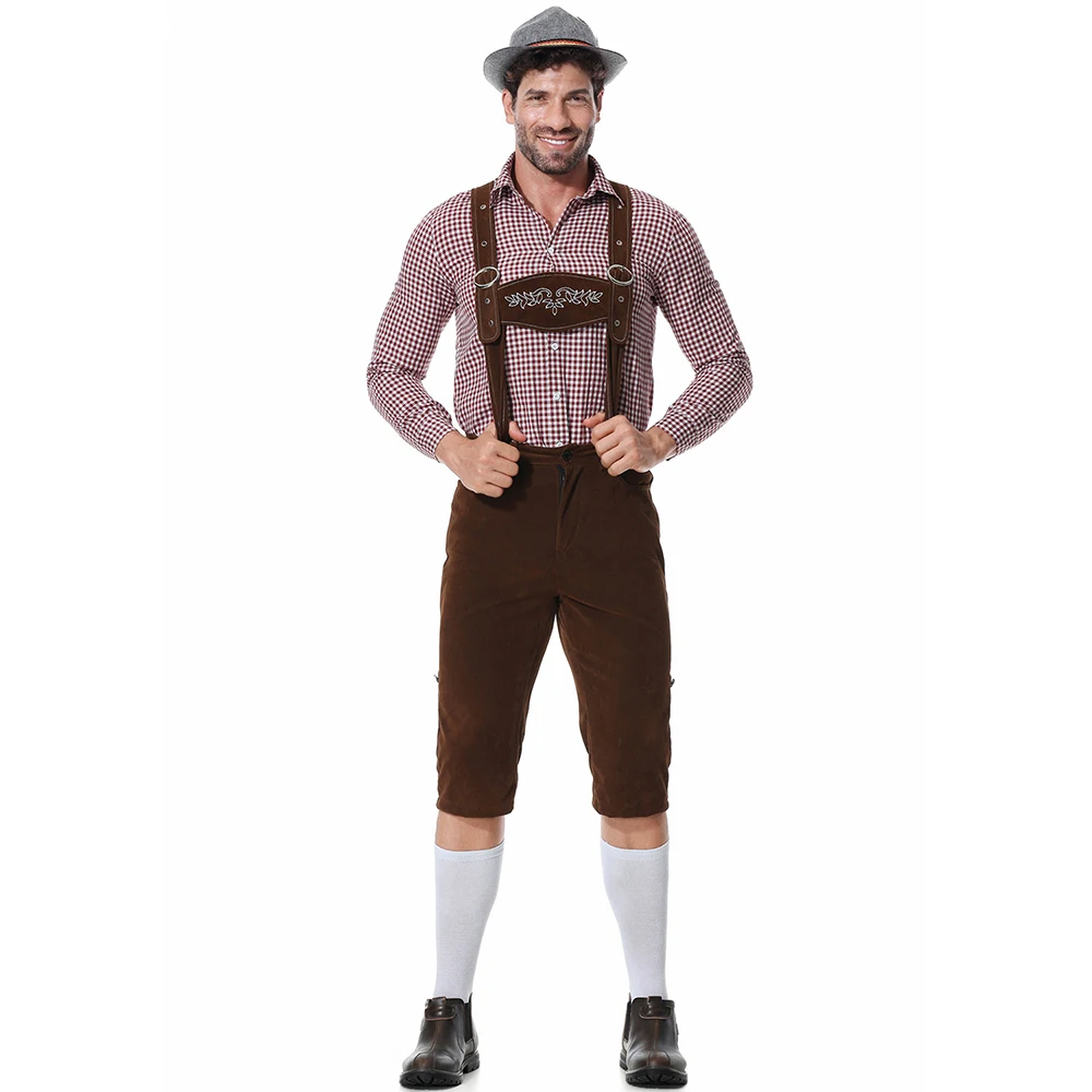 Herren Bayerisches Oktoberfest Lederhosen Kostüm Deutsches Bierfest Hosenträger Strampler Hemd Hut Set Halloween Cosplay Kostüme – Detail 5