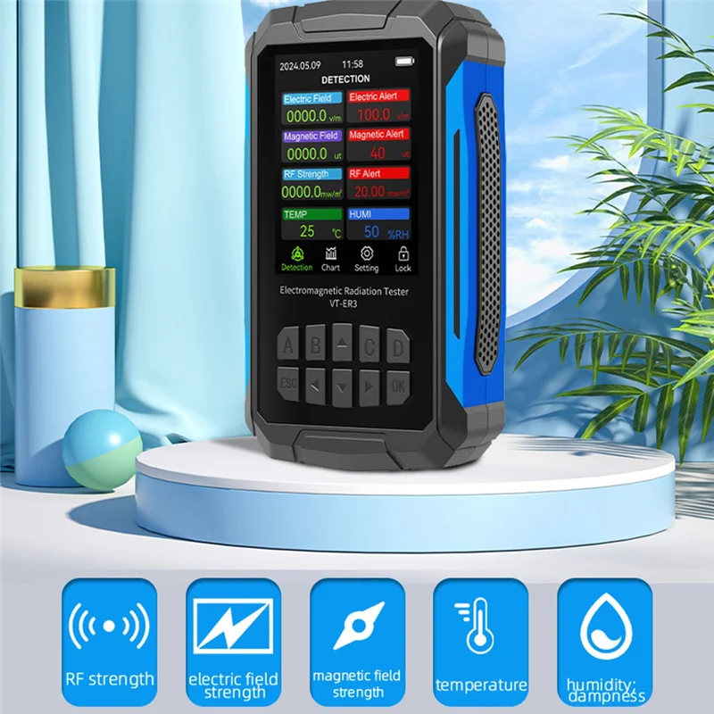 AFOURT-VT-ER3 كاشف الإشعاع الكهرومغناطيسي 5 في 1 - اختبار المجال الكهربائي RF والترددات اللاسلكية مع قياس درجة الحرارة والرطوبة