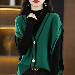 Elegant Fashion Solid Color Loose Sweater Vest Autumn Winter All-match V-Neck Single-breasted Knitted Cardigan Female Clothing