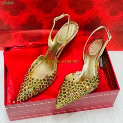 Top Quality Crystal Hollow Slingback Pumps Sexy Pointed Toe Thin High Heel Shallow Slip On Back Strap Gold Rhinestone Bling Shoe