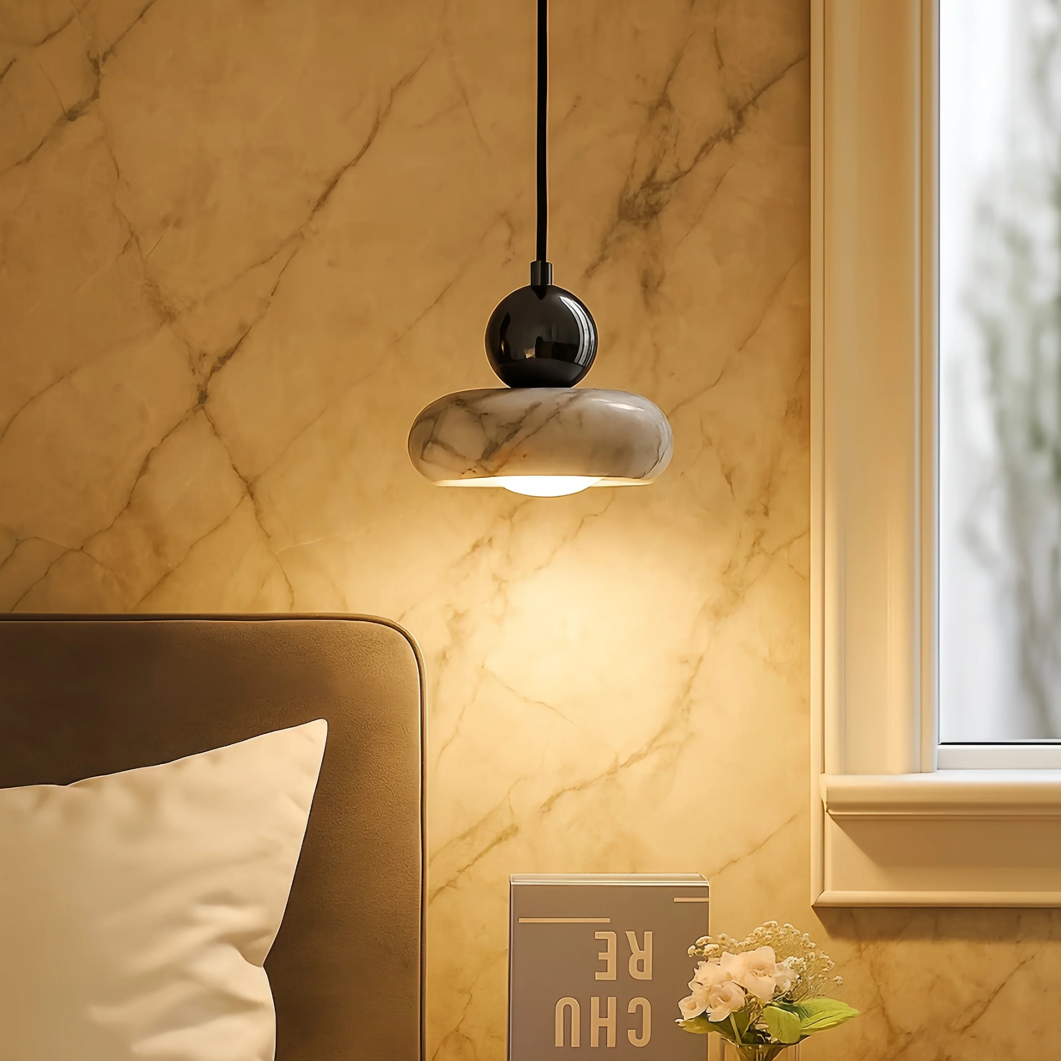 Nordic Art Bedside Pendant Light Italian Marble Shade Hanging Lamp for Bedroom Dining Room Kitchen Bar Hallway Entrance Lighting view 4
