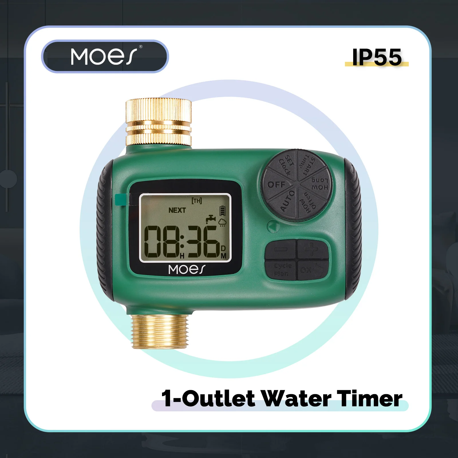 

MOES 1-Outlet Brass Water Timer with LCD Display, Rotary Knob Control, IP55 Waterproof, Rain Delay & Child Lock​​