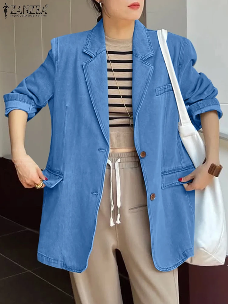 

ZANZEA 2025 Vintage Denim Coat Women Elegant Office Blazer Short Sleeve Autumn Outwears Solid Fashion Lapel Neck Cardigan