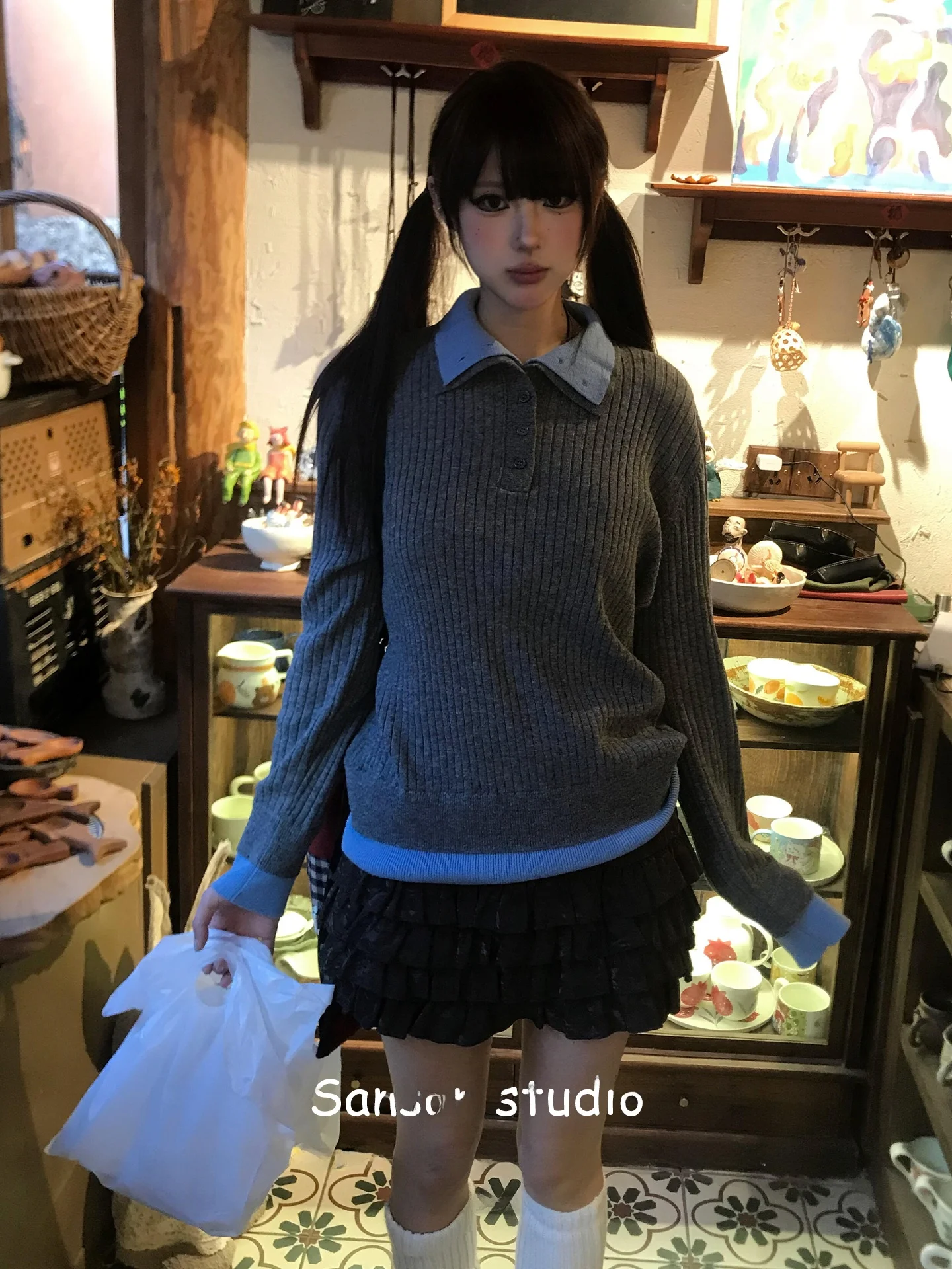 

American Retro Fake Two-Piece Sweater Women Early Spring Color Blo Double Layer Collar Loose Old Money Sle Top Trendy