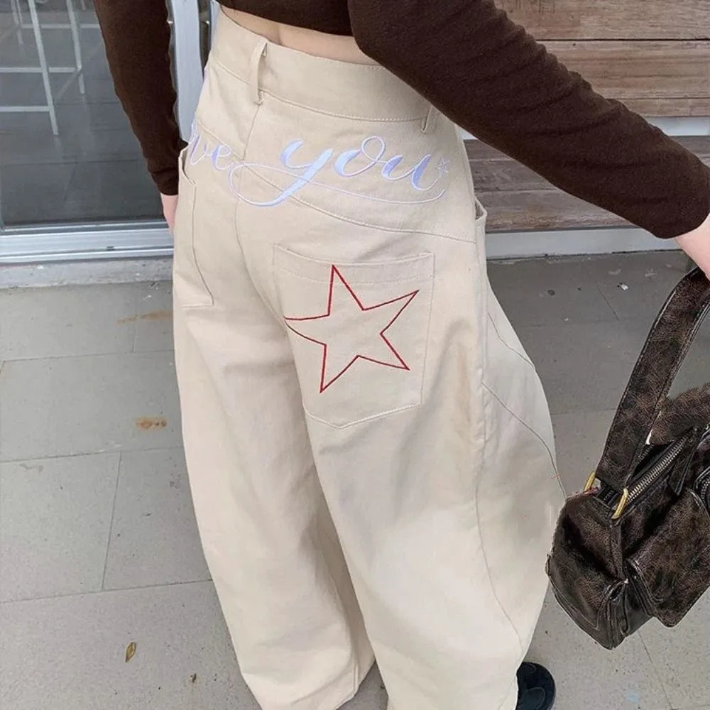 أزياء عالية الخصر الدينيم الجينز فضفاض واسعة الساق كاوبوي السراويل فضفاضة ريترو ستار الجينز النساء Y2k الفتيات