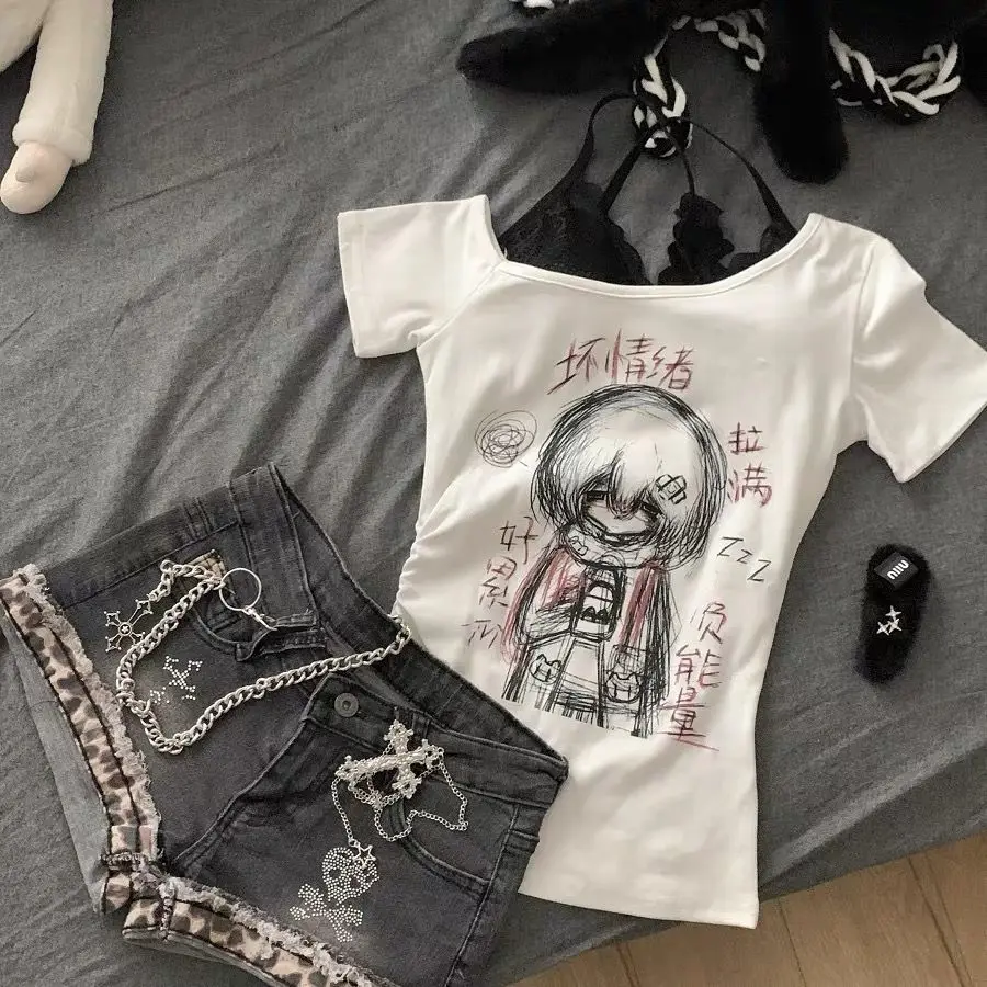 2 Piece Sets American Vintage Suits Print T-shirts Women 2000s Harajuku Gothic Tees Casual Y2k Crop Tops V-Neck Sexy T Shirts