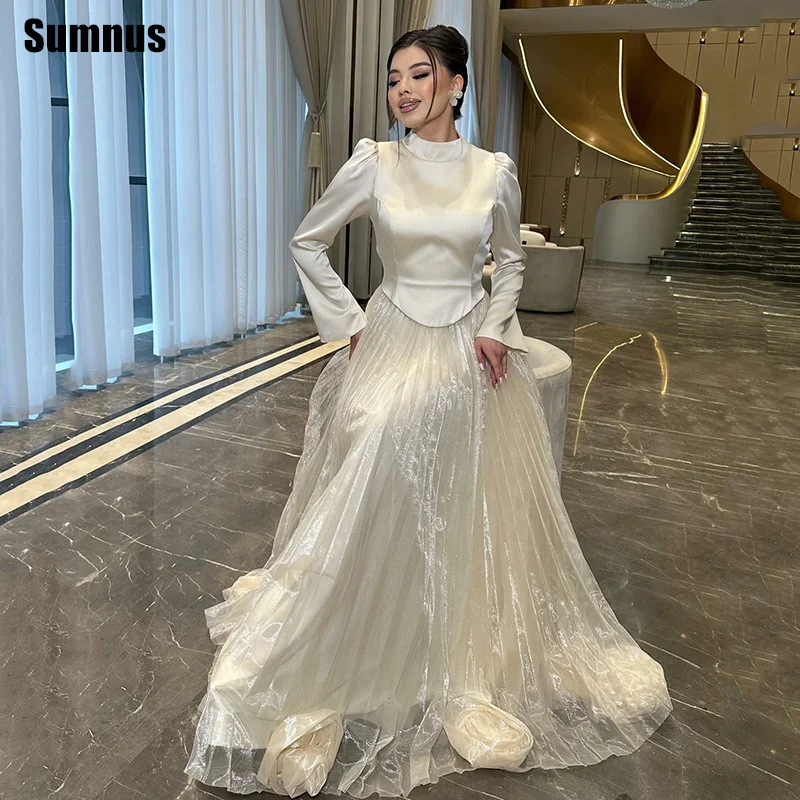 

Sumnus Elegant A-Line Prom Dress O-Neck Full Sleeves Organza Flowers Formal Evening Dresses فساتين سهرات Customized