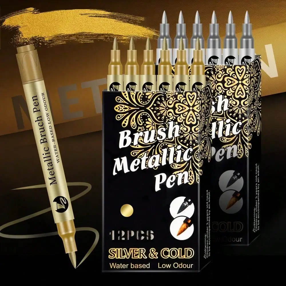 12pcs/set Metallic Shiny Paint Pen With Soft Tip, Gold & Silver Color, For Writing, Journaling, Card Making