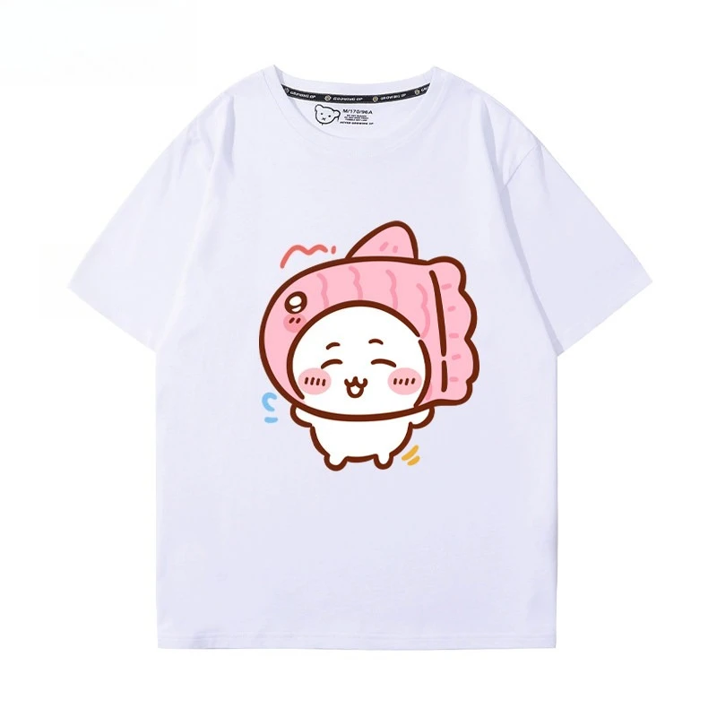 Kawaii Chiikawa Pink Fish Head Graphic T Shirt Official Licensed Unisex Cotton Loose Cute Anime Short Sleeve Fan Tops