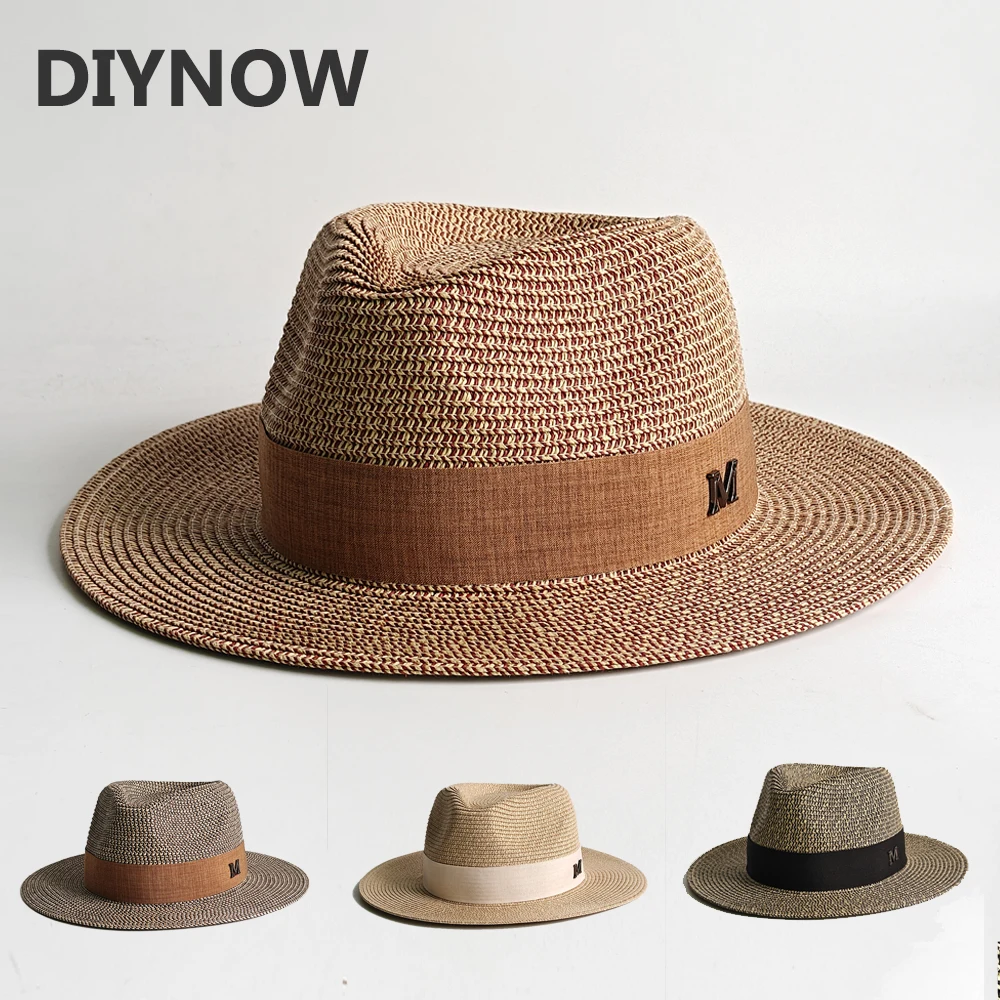 Classic Wide Brim Straw Panama Hat Unisex Summer Sun Cap Luxury Metal M Band Fedora Elegant Beach Visor with Velcro Adjuster
