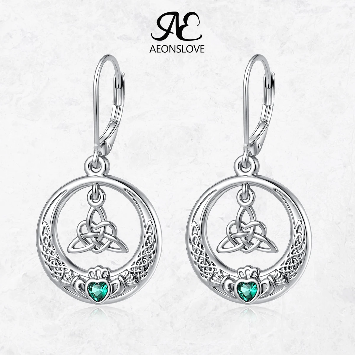 AEONSLOVE Celtic Claddagh Earrings Emerald Green Heart CZ Crown Trinity Knot Dangle Earrings Irish Lucky Jewelry Gift for Women