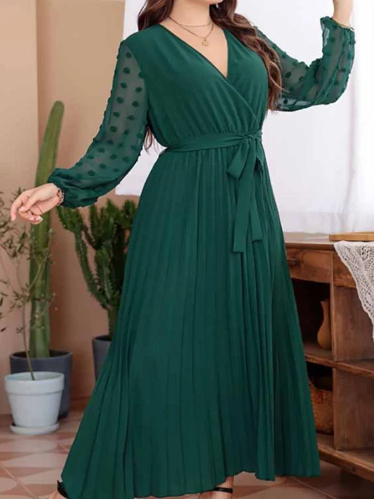 Plus Size Solid Color Loose V-neck Long Sleeved New Elastic Waist Dress Party Celebration Birthday Cocktail Party Evening Dress