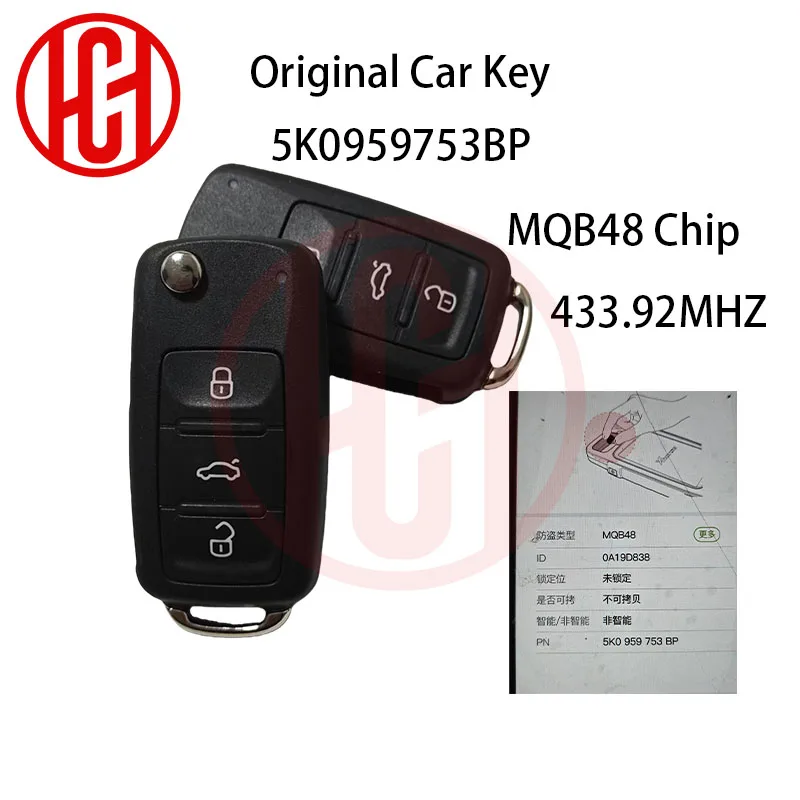 

Original Car Key 5K0959753BP MQB48 Chip 433.92MHZ For Volkswagen VW Jetta Beetle Transporter Scirocco Transporter Half Keyless