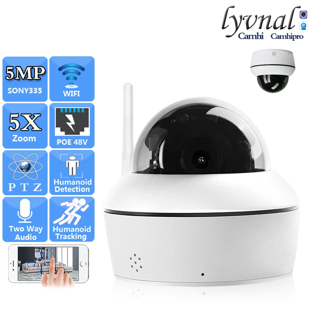 H265 Sonyimx335 5MP Wireless Security Vedio Wifi PTZ Dome POE 48V 5X Auto Zoom Humanoid Tracking Two Way Audio IR Night Version