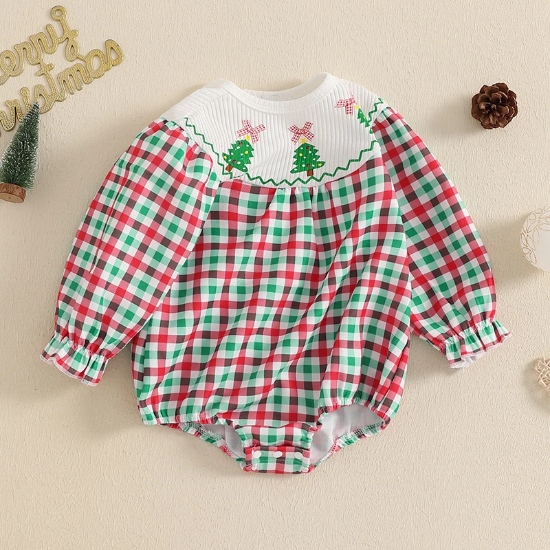 0-18M Baby Girl Christmas Romper Plaid Print Patchwork Ruffled Long Sleeve Tree Bow Crew Neck Bubble Jumpsuit for Fall