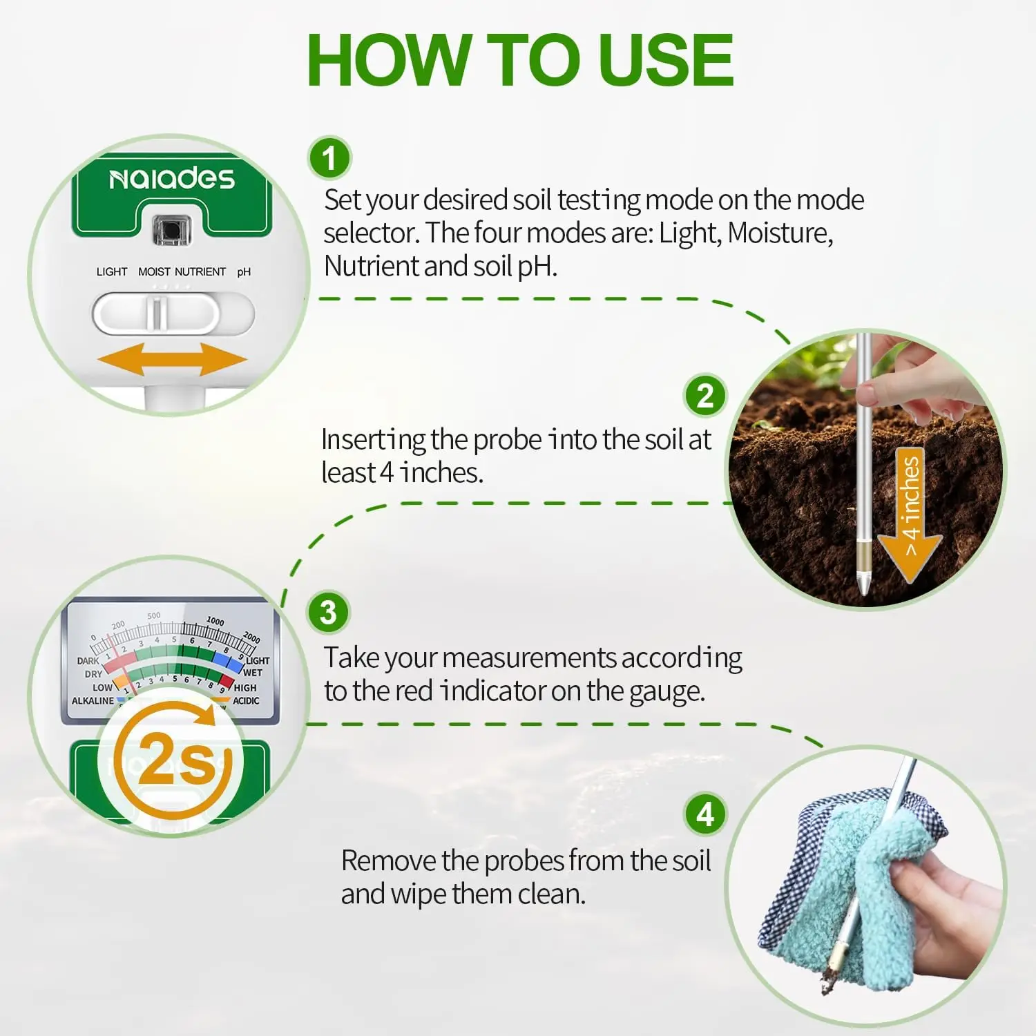 مقياس رطوبة التربة للنباتات، جهاز اختبار درجة الحموضة للتربة 4 في 1، جهاز اختبار التربة للرطوبة والضوء والمغذيات والرقم الهيدروجيني ومجموعة اختبار درجة الحموضة للتربة Water Me #5
