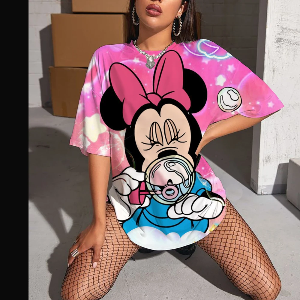 

2025 Cute Cartoon Mickey Mouse Minnie Printed T-shirt For Women Wen Kawaii Clothes Summer Short Sleeve O-neck Tees Casual Tops