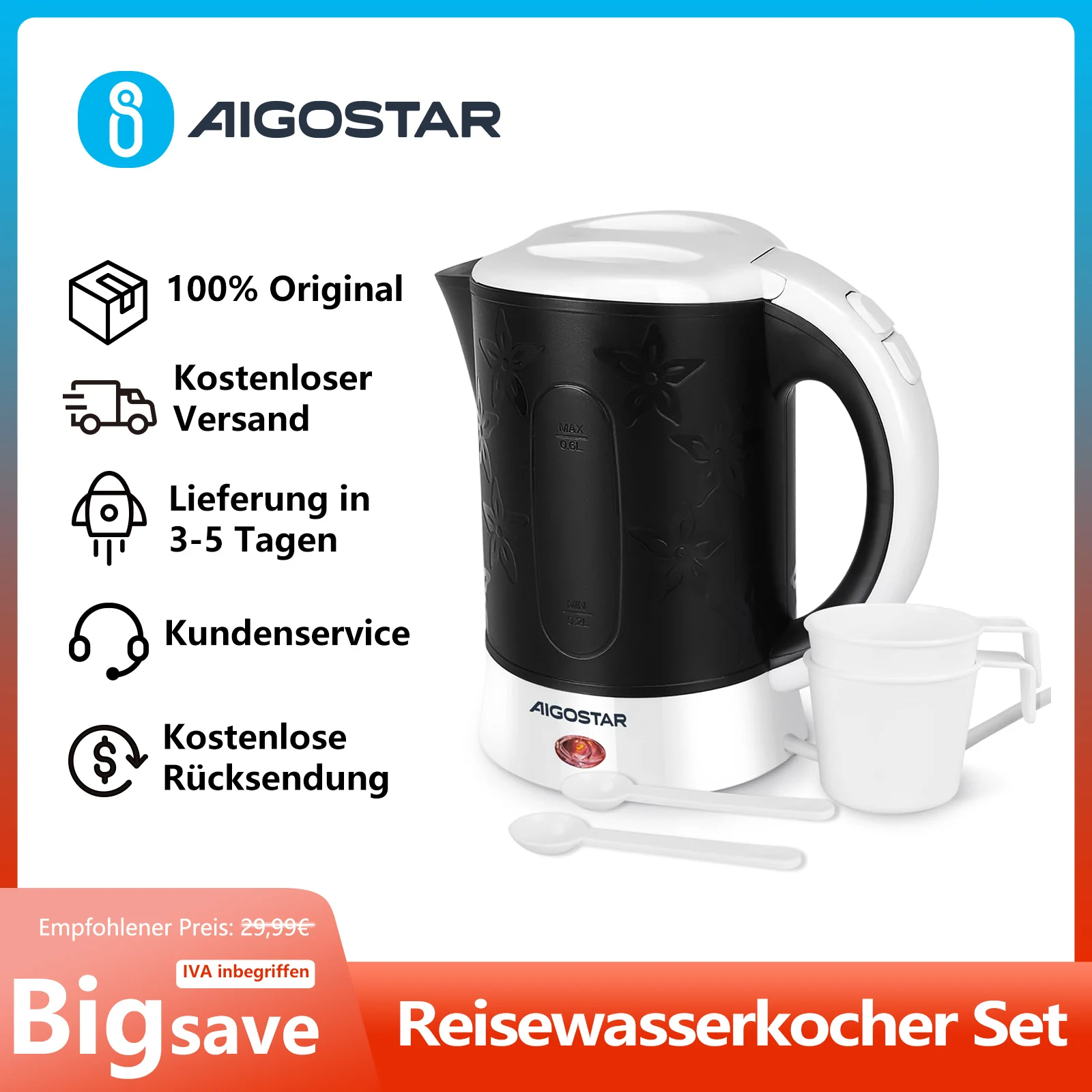 Aigostar Mini Wasserkocher Klein 0,6 Liter Reisewasserkocher 650W, Camping Kleiner Wasserkocher Inklusive 2 Tassen und 2 Teelöffel, Abschaltautomatik mit Trockenschutz, Shwarz