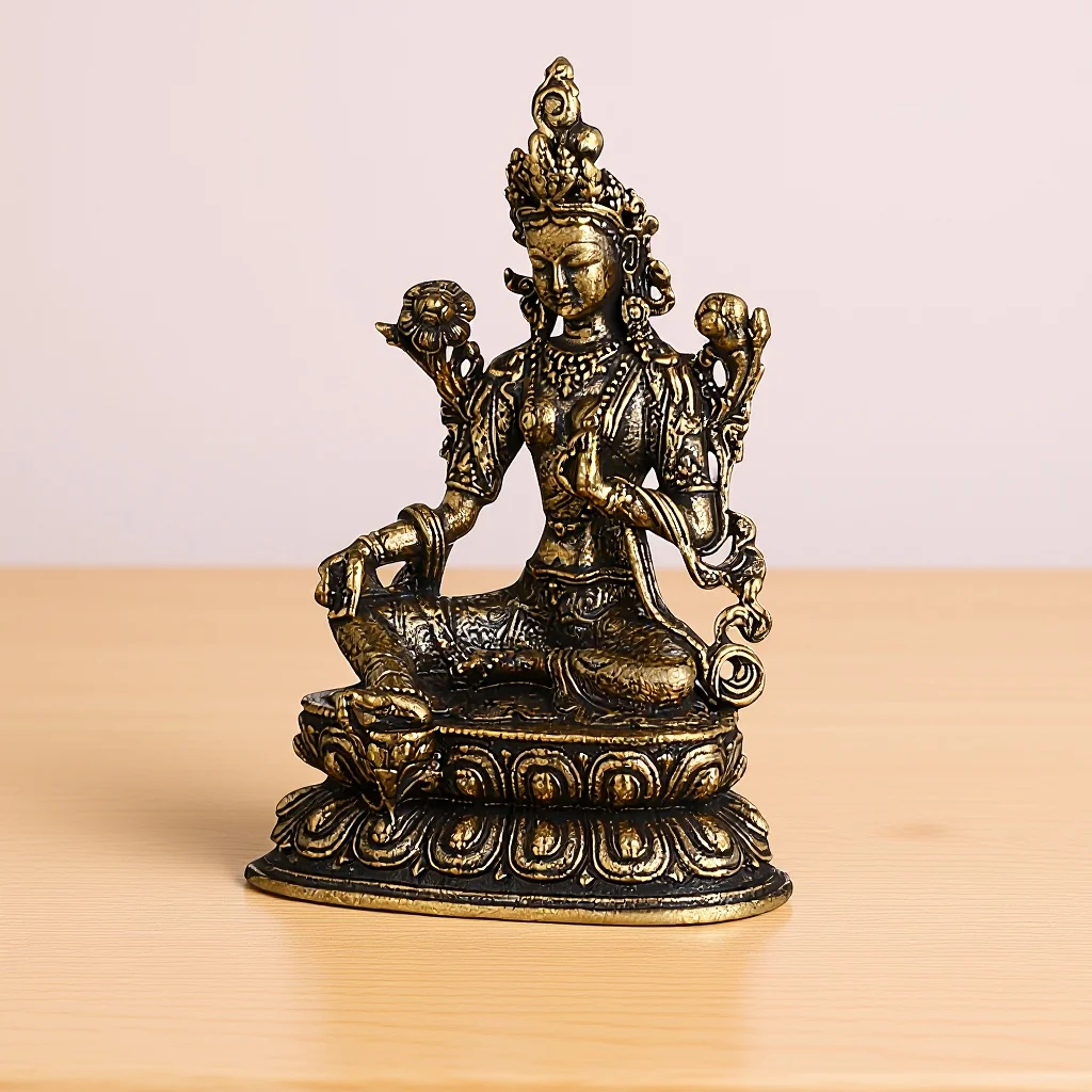 

Retro Green Tara Buddha Brass Statue Home Decoration Spiritual Blessing Ornament Positive Energy for Office Living Room Temple
