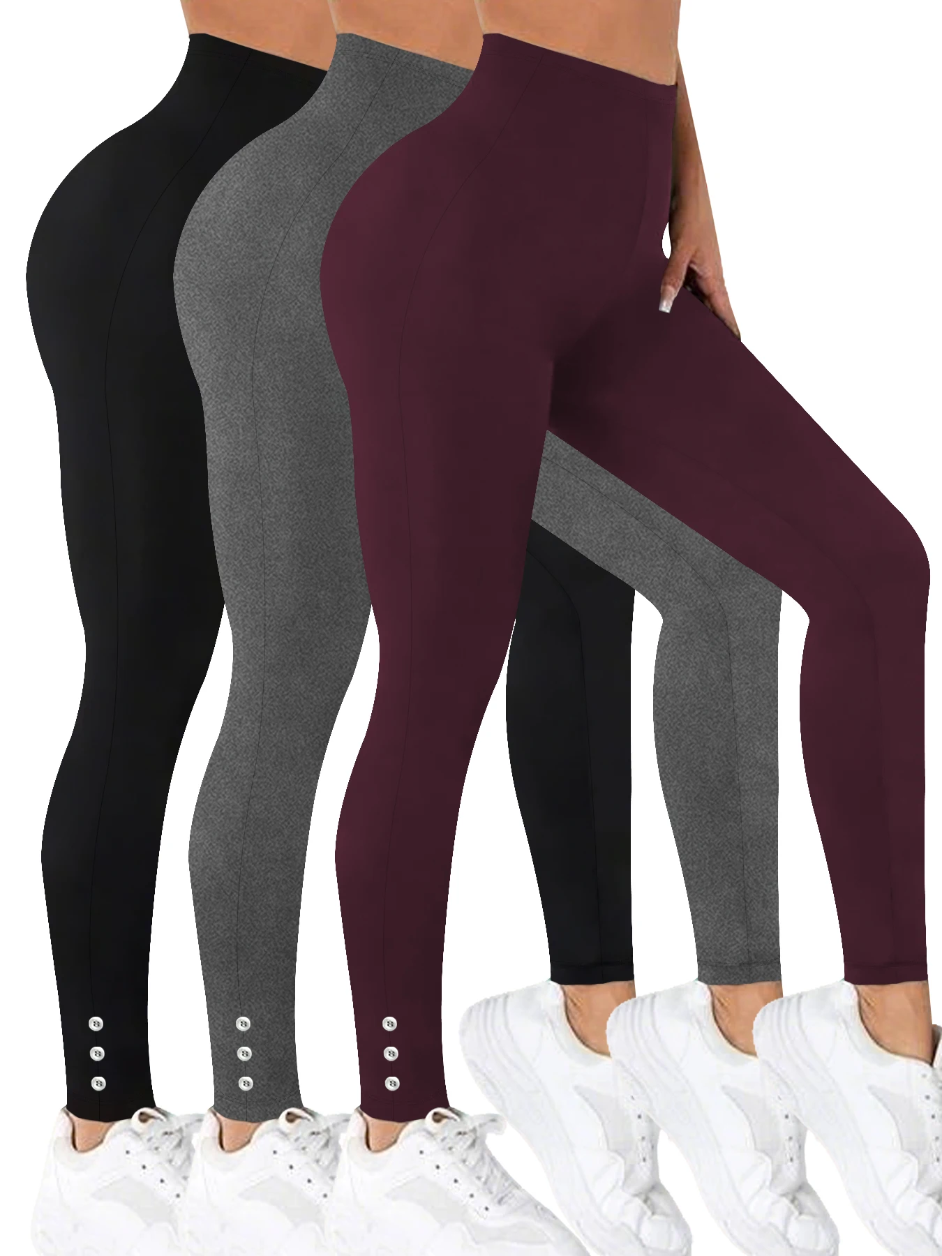 

3 Pack Women's Super Soft Leggings With Side Button Detail, High Stretch No SeeThrough Workout Running Yoga Athletic Capri