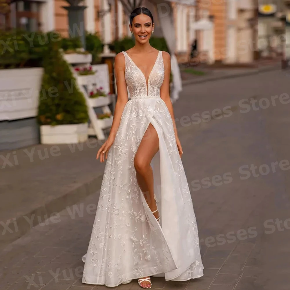 

Exquisite A Line Women's Wedding Dresses Sexy V Neck Lace Appliques Vestido De Novia Bride Gowns Customized Side Split Vestido