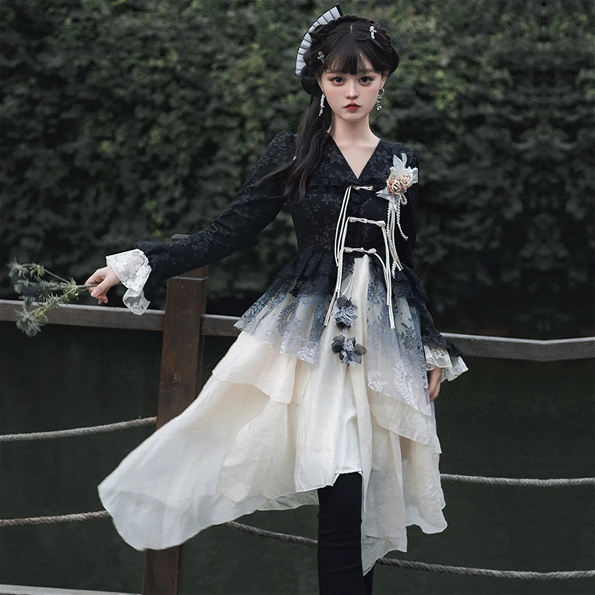 

Chinese Style Lolita O P Sweet Girls Cosplay Printed Lace Flowers Fringed Button Gradient Irregular Dress Flared Sleeve Dress