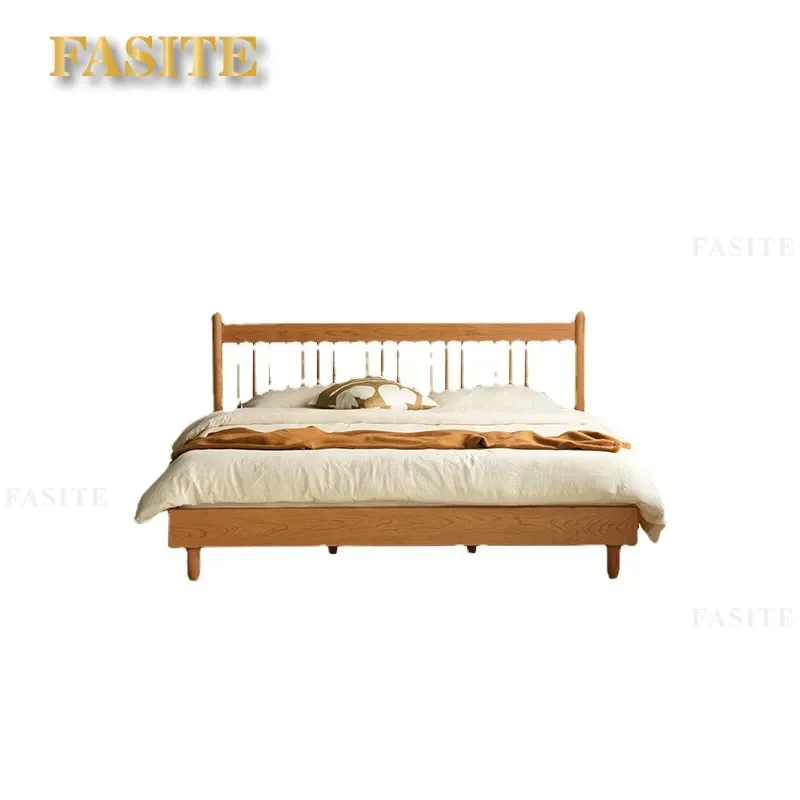 Nordic Solid Wood Bed 1.8m Cherry Wood Simple Japanese Log Double Bed for Bedroom Furniture Minimalist Design