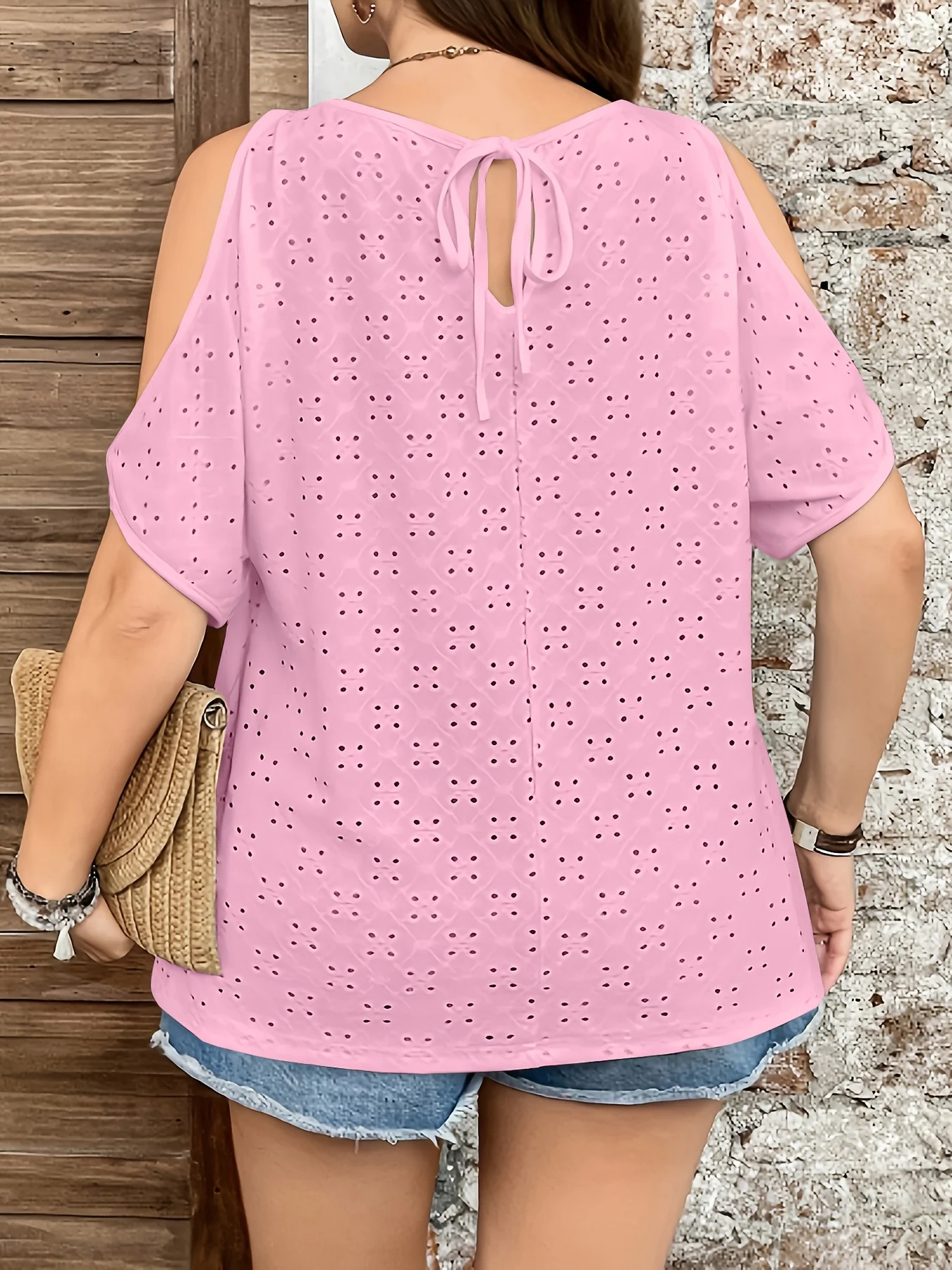 Plus Size Women Eyelet Hollow Out Cold Shoulder Top, Stretch Short Sleeve Casual Ladies Blouse