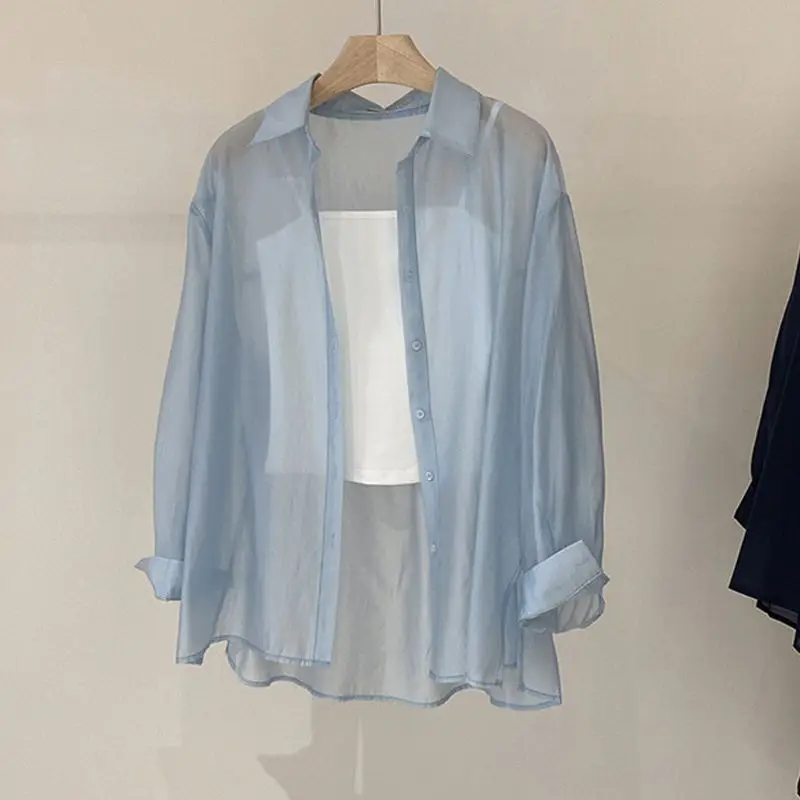 Spring 2024 New Women Chiffon Sunscreen Solid Color Korean Side Buckle Micro Transparency Summer Fashion Loose Long Sleeved Tops