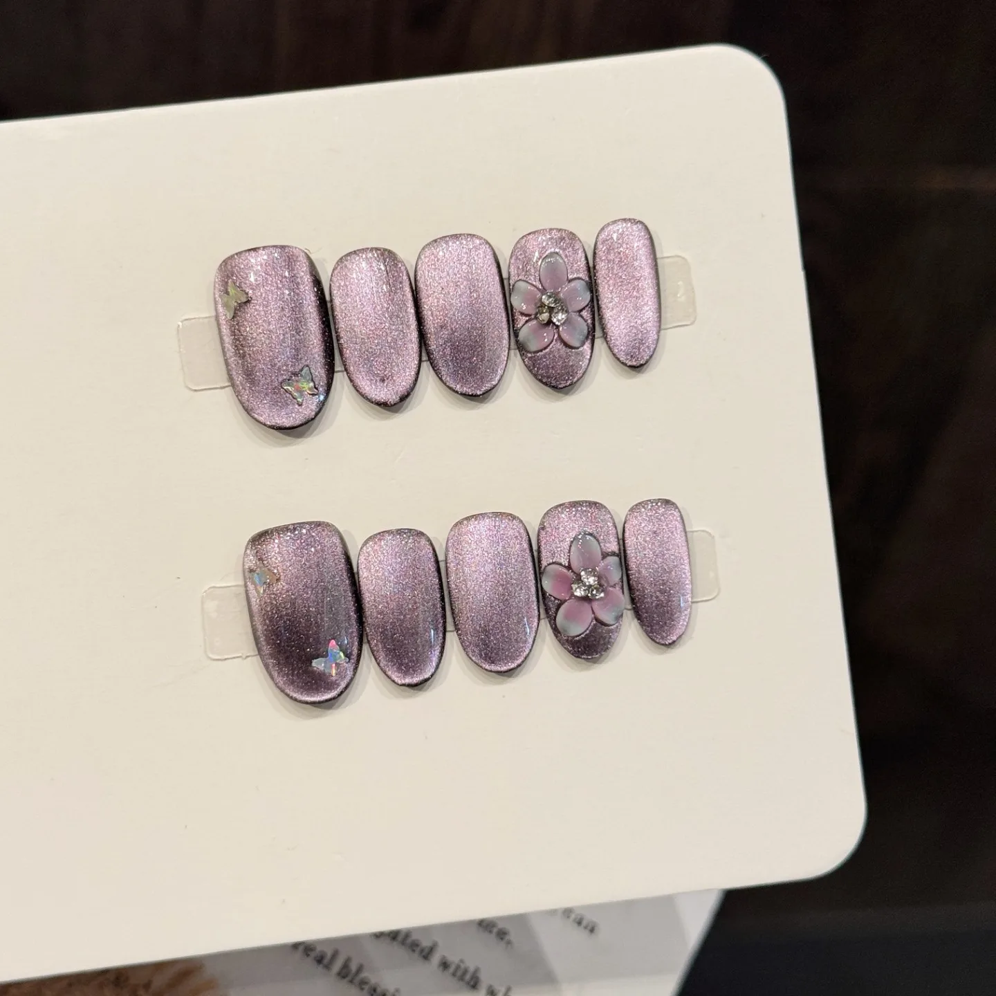 10PCS Oval Handmade Press On Nails,Purple Cat's Eye Glitter Butterfly Flower,Suitable For Festivals Parties And Daily Wear.