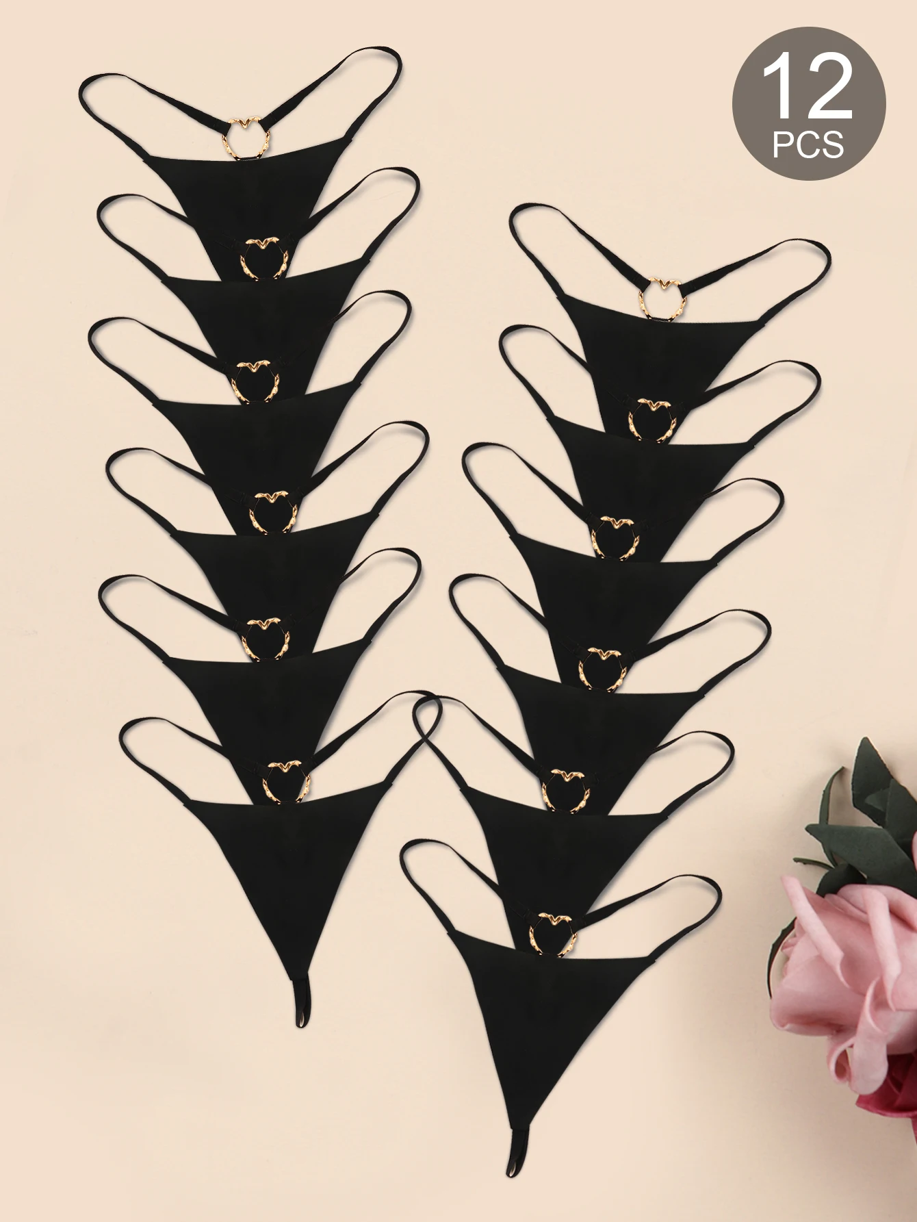 Varsbaby 12pcs Seamless G-strings Underwear with Metal Heart Ring Panties T-back Bikini Thongs Black 12 pieces per pack