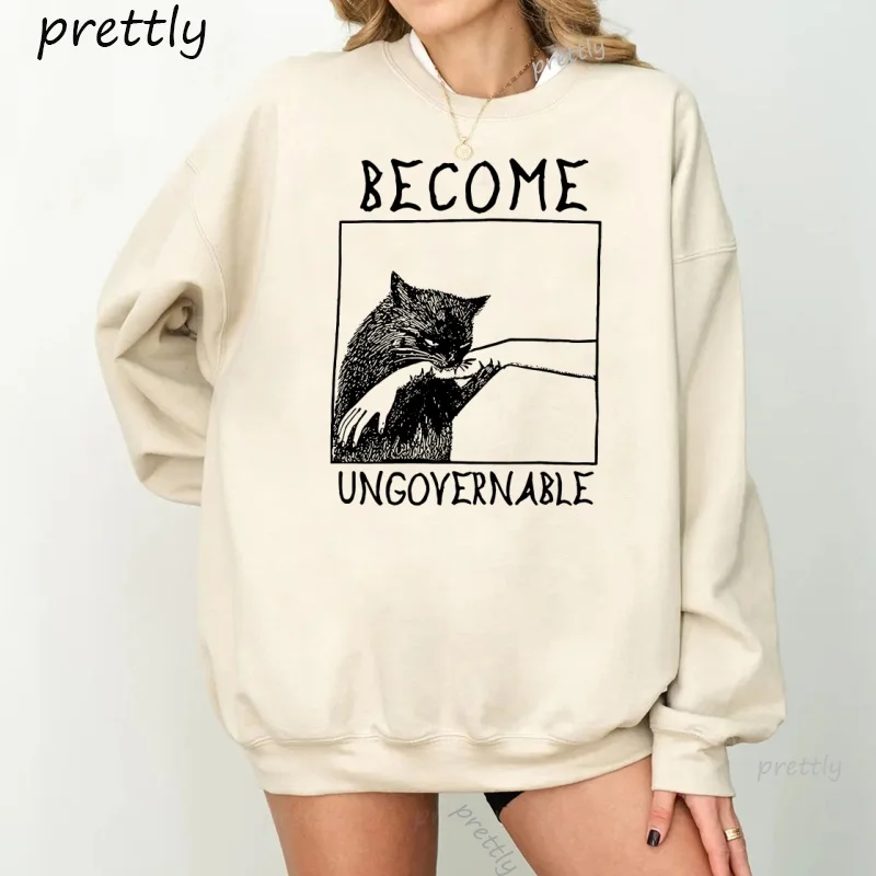 Word Ungovernable Black Cat Bijtende Hand Grappige Sweatshirts Lange Mouw Trui Grafische Hoodies Y2k Kleding Streetwear Tops