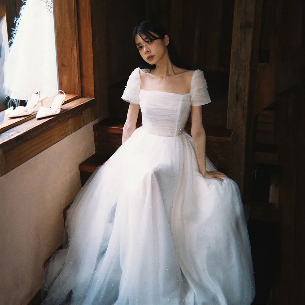 

TULX Ivory Tulle Pearl Wedding Dress Korea Photo Shoot 웨딩드레스 Square Collar Short Sleeves Bridal Gowns Corset Customized
