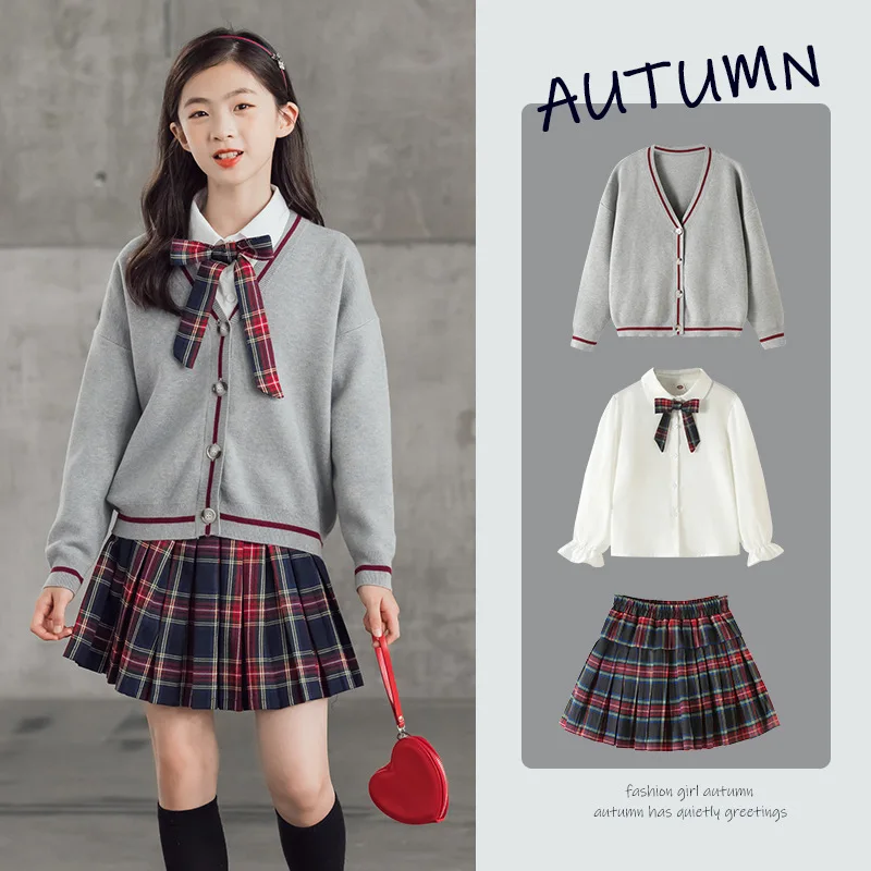 

Spring Autumn Children Girl Academy Set Junior Girl Bottoming Shirt+Knitted Cardigan+Plaid Pleated Skirt Set For Girls 4-15 Yrs