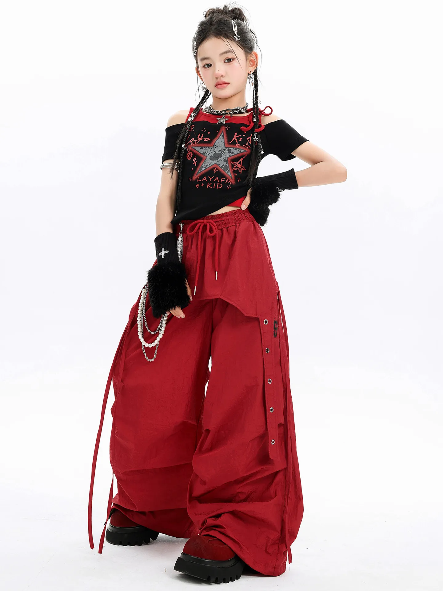 

2026 Kids Hip Hop Fashion Dance Clothing For Girls Crop Tops Red Cargo Pants Suit Children Jazz Dance Performance Wear DQS22918