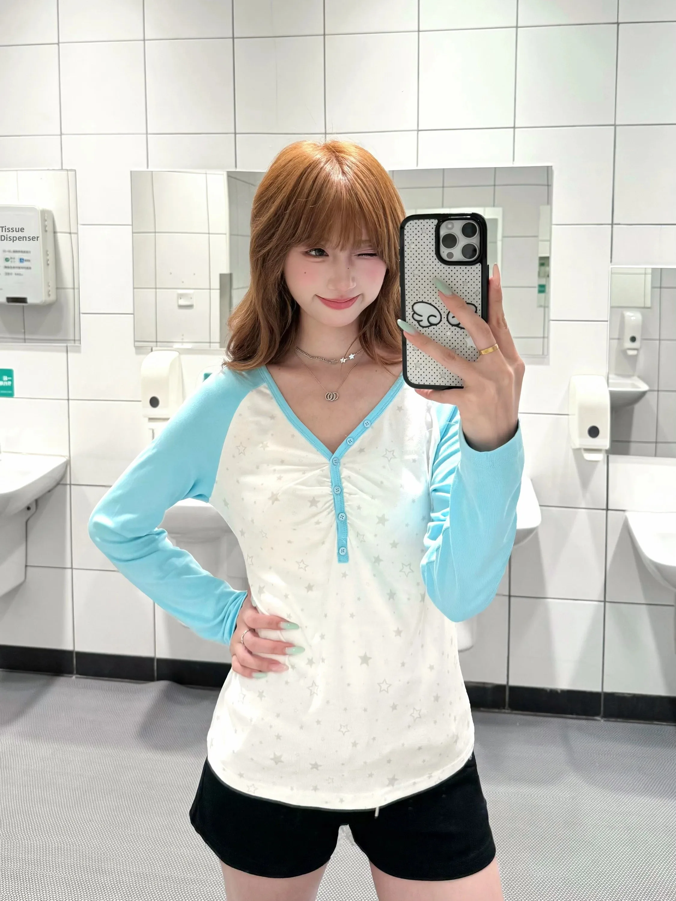 BeOurRule Vintage Korean Style Long Sleeve Button Collar T-Shirt Women Slim Fit Star Print Color Block Casual Top