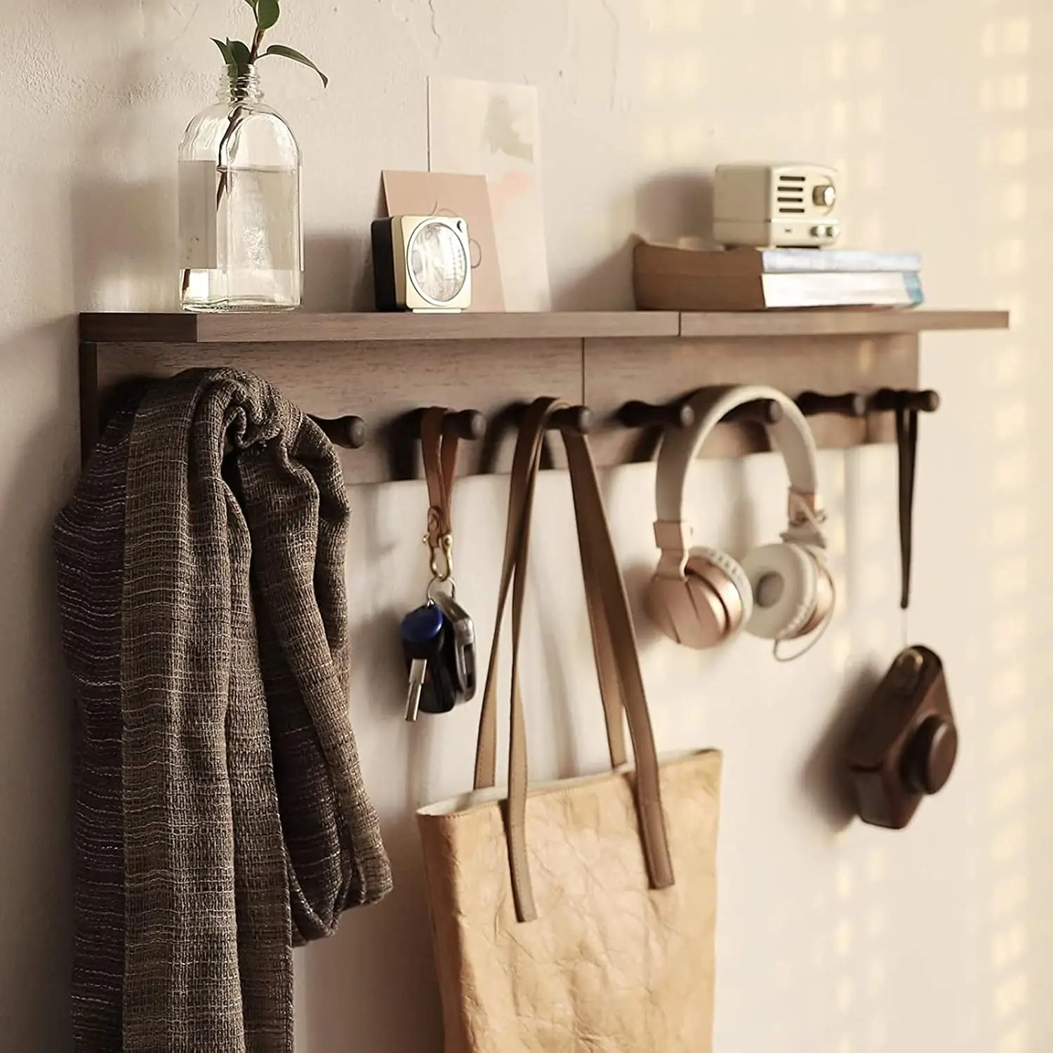 Entrance Coat Rack Coat Hooks, Wall-Mounted Wooden Hook Rack(Walnut Color FinishA-2)