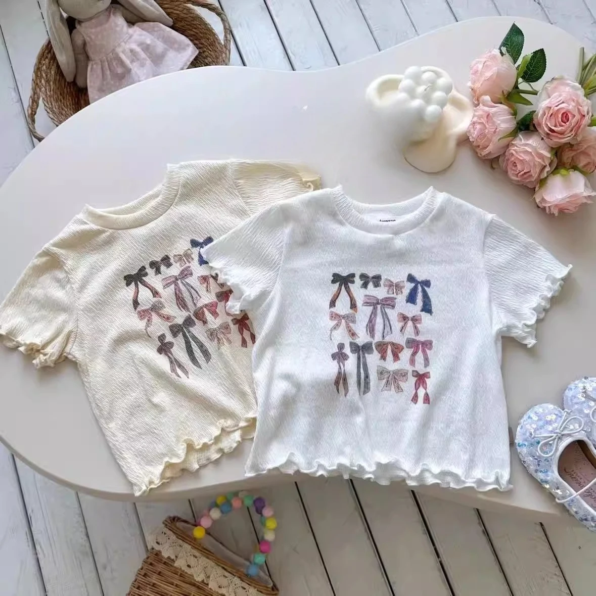 Childrens Clothing 2024 Summer New Item Girls Printed Bow Lace T Shirt Baby Sweet Short Sleeved Top Small Fresh