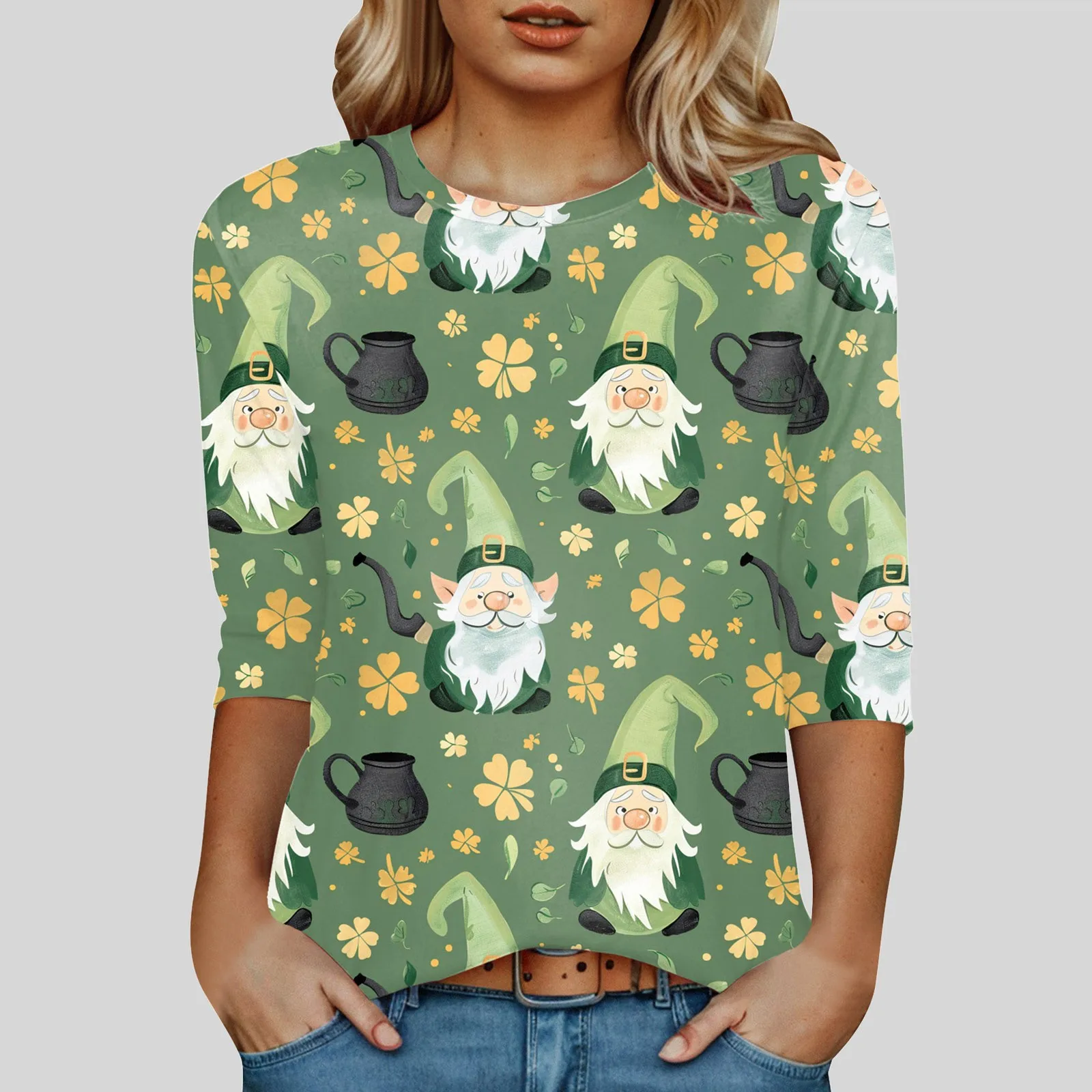 Athletic Shirts Women St Patrick Day Fashion T Shirt 3/4 Sleeve Classic Pattern Printed Crew Neck Tops Festival Popular Costume