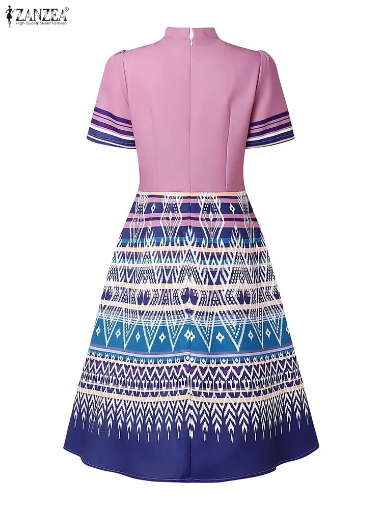 2025ZANZEA Vintage Frauen Druck Kleider Kurze Puff Sleeve Casual Urlaub Partei Sommerkleid Mode Stehen Kragen Lose Vestidos Robe