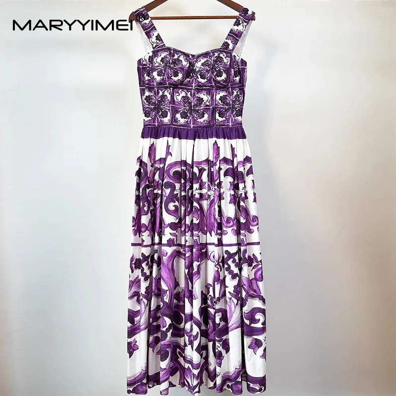 MARYYIMEI 우아한 세련된 여름 드레스 스파게티 스트랩 백리스 하이 웨이스트 퍼플 프린트 캐주얼 홀리데이 코튼 드레스