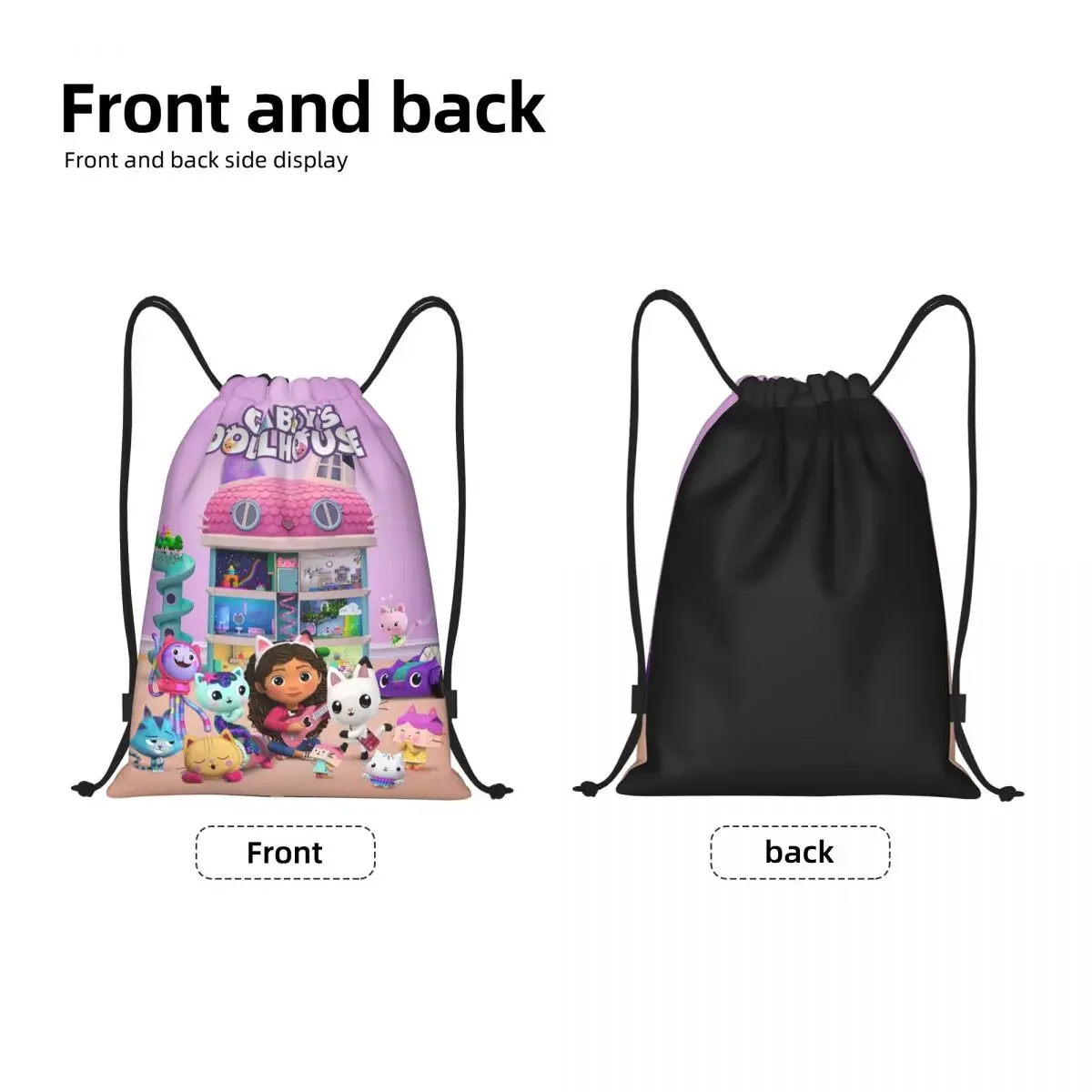 Gabbys Dollhouse Cartoon Drawstring Backpack Sports Gym Bag for Men Women Mercat Cats Animals Training Sackpack