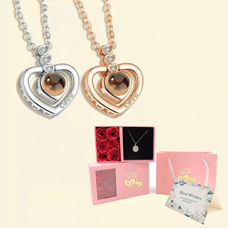 

Custom Color Photo Projection Love Heart Pendant Necklace With Rose Gift Box For Women Girls Mother's Valentine's Day Gifts