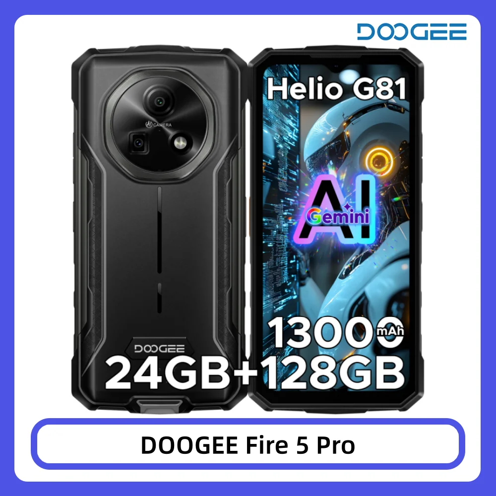 DOOGEE Fire 5 Pro, smartphone robusto, 24 GB di RAM + 128 GB di memoria interna, display HD+ da 6,6 pollici, batteria da 13.000 mAh, processore Helio G81, fotocamera posteriore da 13 MP + 8 MP, NFC,
