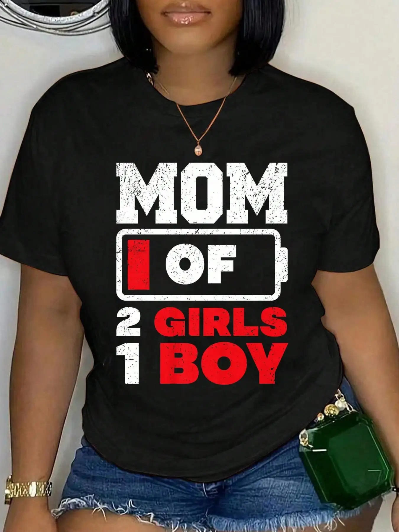 Cotton Mom Of 3 Kids Low Battery Uncharged Funny Mother's Day T-Shirt